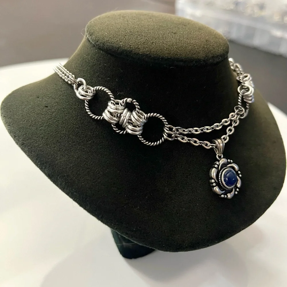 925 sterling silver blue kyanite stone charm on stainless steel maille choker - Picture 2 of 16